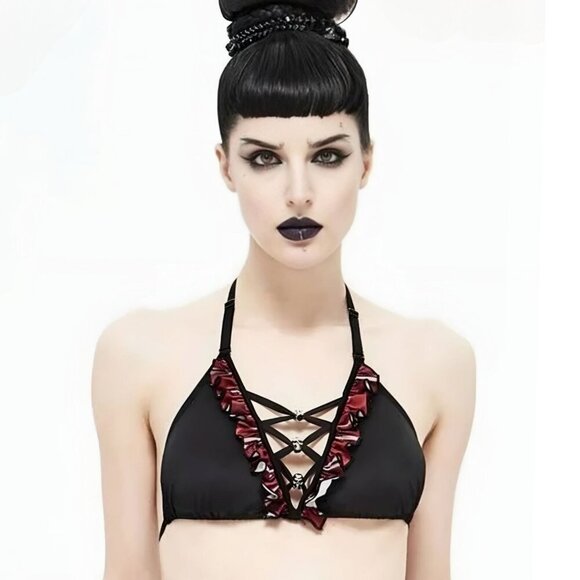 Devil’s Fashion Plaid Crisscross Bikini ✦ XL-2XL Skull Charms ✦ Ruffle Trim Set - Picture 7 of 12